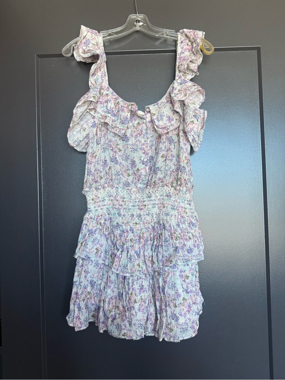 LoveShackFancy Lavender Floral Ruffle Mini Dress